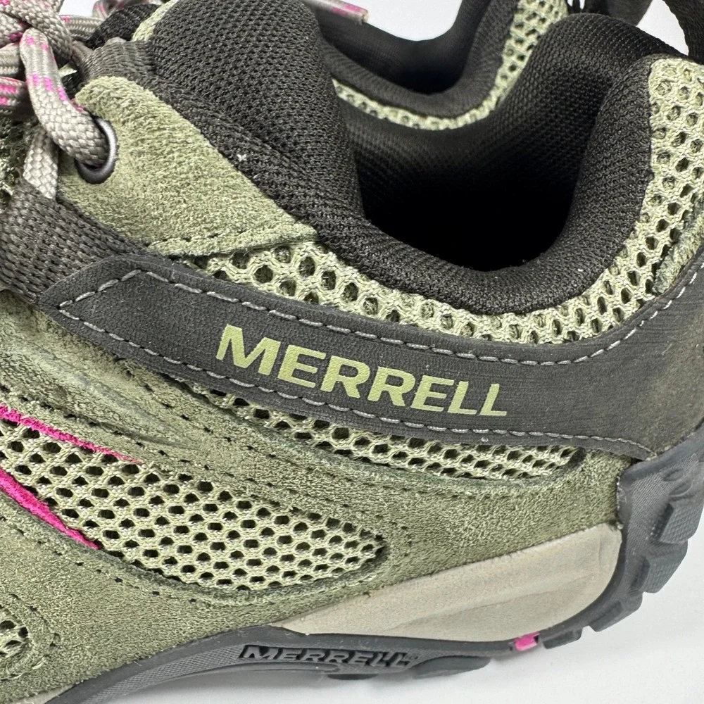 Merrell Alverstone Hiking Shoes Womens 9.5 Olive Green Pink Suede Mesh J135202